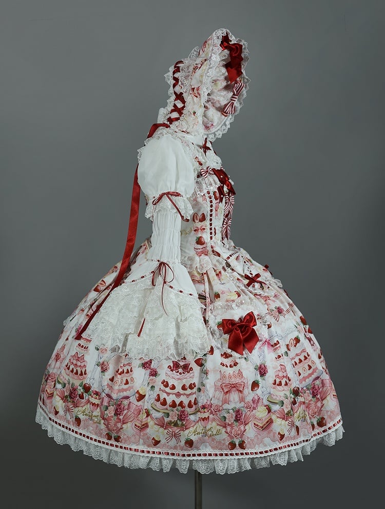 and Sweet Full Bow Desserts Lolita Set Print White / JSK Accents Strawberry