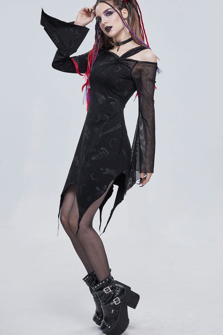 Off-Shoulder Graphic Print Asymmetric Mesh Gothic Dress