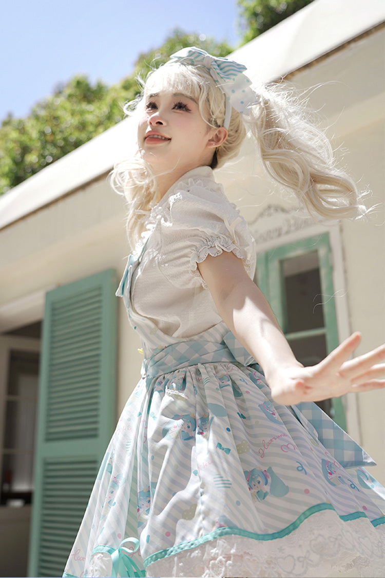 Sleeveless Print Bow Lace Sweet Lolita Strap Jumper Dress - Blue