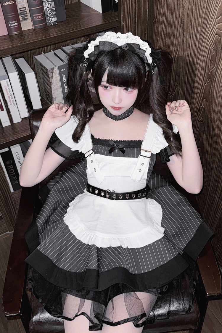 Grey/Black Short Sleeve Stripe Print Ruffle Jirai Kei Gown