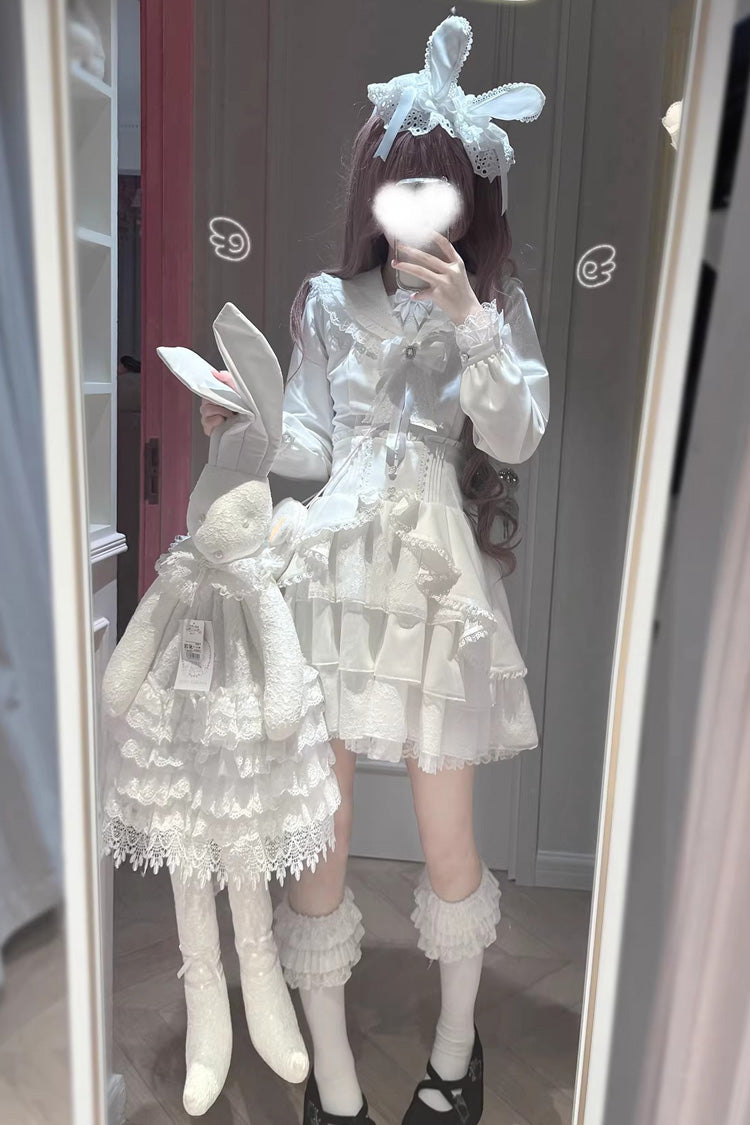 Ivory Long Sleeve Layered Skirt Set with Bows - Snow Season Love Letter