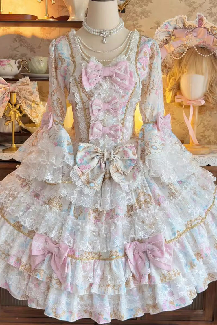 Elegant Apricot Trumpet Sleeve Layered Ruffle Bow Lace Lolita Gown