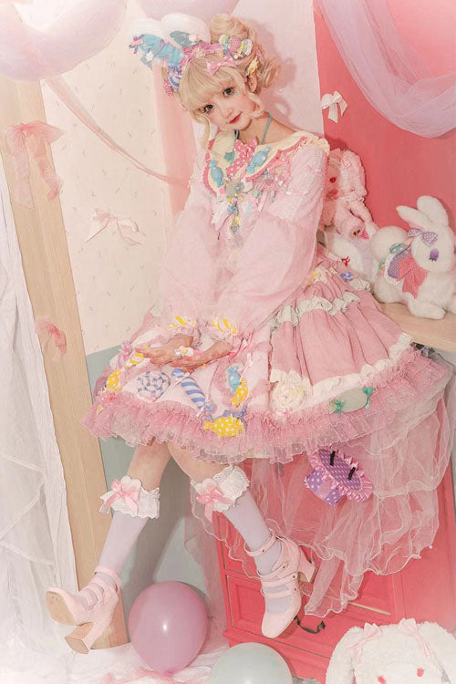 Candy Lace Long-Sleeve Bowknot Tiered JSK
