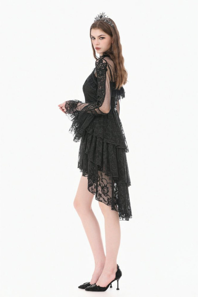 Gothic Sheer Mesh Black Lace High-Collar Flared Long-Sleeve Dramatic Cape