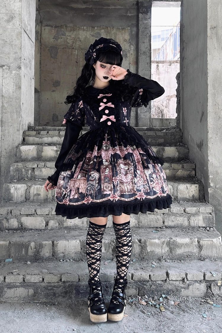 Black Missing Lamb Printed Long Sleeved Ruffled Bow Lace Gothic Lolita Dress