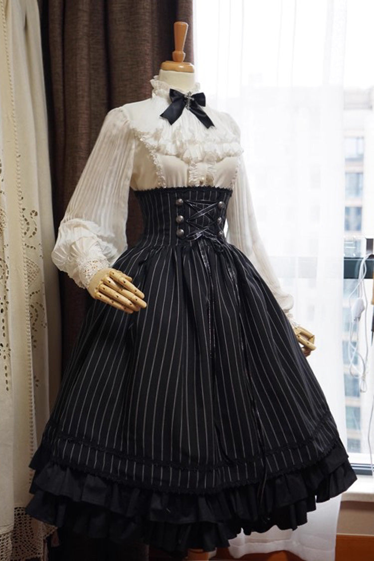 College Style Elegant Lolita Skirt with Ruffled Stripes, Black