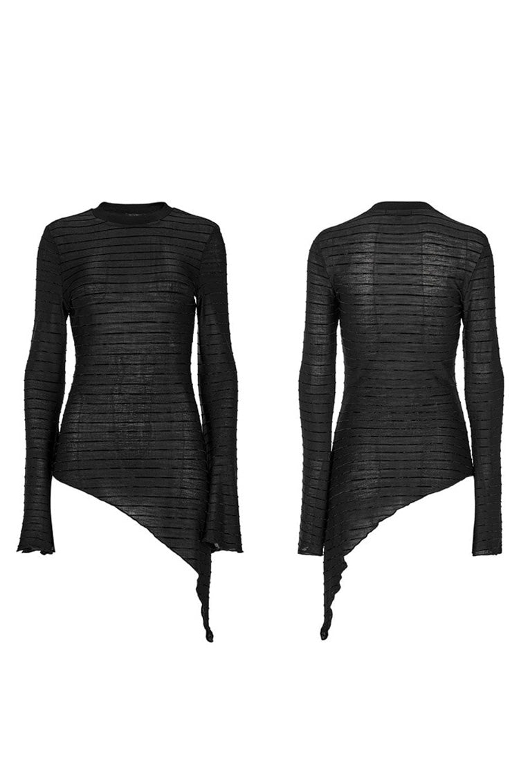 Gothic Velvet Tee with Striped Flared Sleeves, Asymmetric Hem