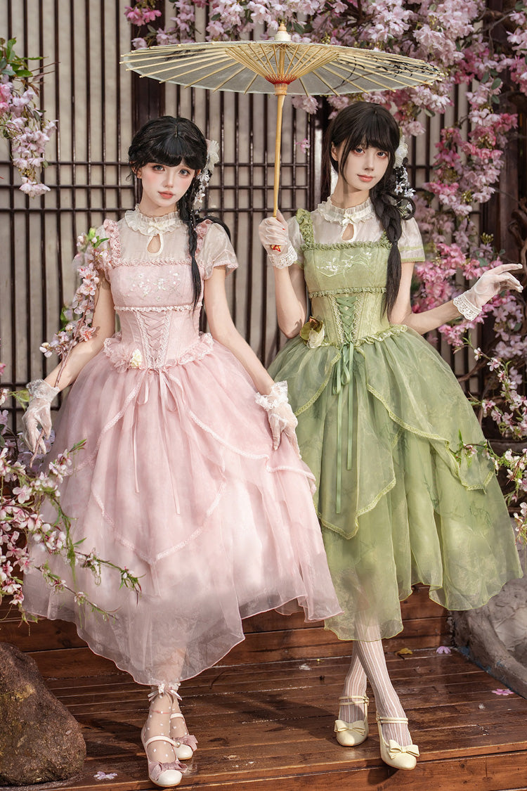 Fragrance Stand Collar Short Sleeves Multi-Layered Printed Ruffled Bow Lace Irregular Chinese Style Sweet Lolita Dress 2 Colors - Green/Pink