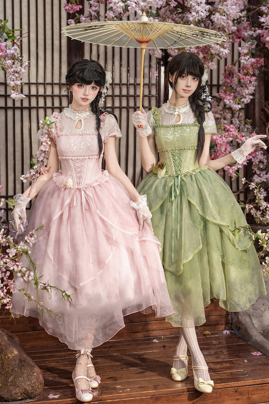Fragrance Stand Collar Short Sleeves Multi-Layered Printed Ruffled Bow Lace Irregular Chinese Style Sweet Lolita Dress 2 Colors - Green/Pink