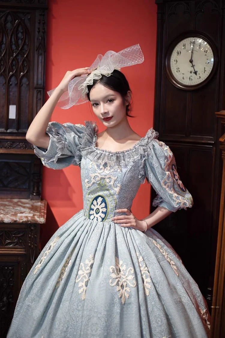 Blue Printed Embroidery Victorian Dress - Vintage Lolita