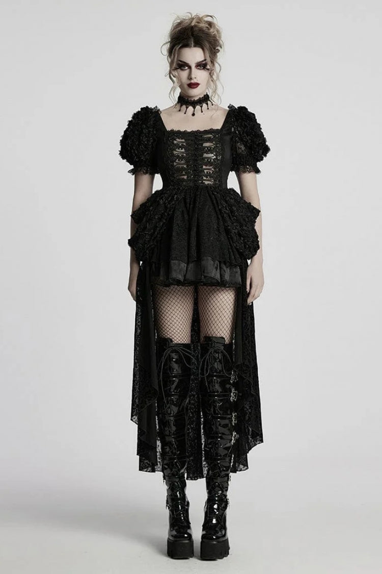 Asymmetric Gothic Mini Dress with Square Collar and Puff Sleeves