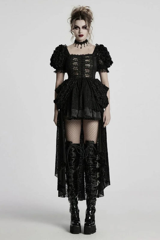 Asymmetric Gothic Mini Dress with Square Collar and Puff Sleeves