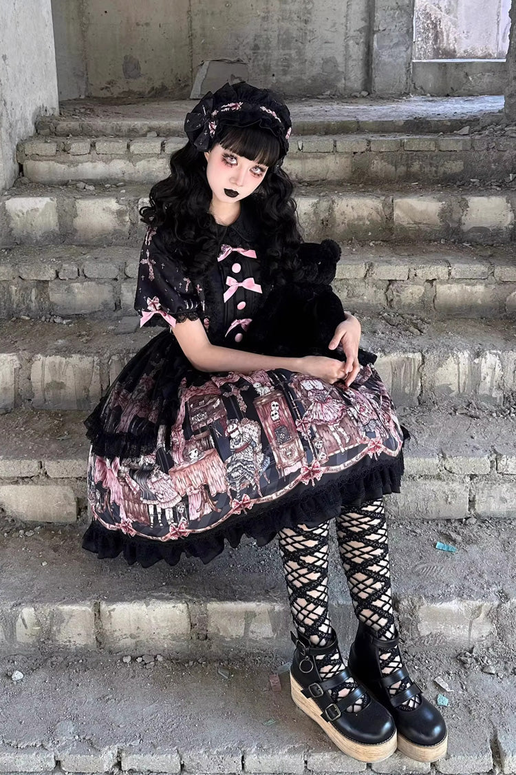 Black Missing Lamb Printed Long Sleeved Ruffled Bow Lace Gothic Lolita Dress