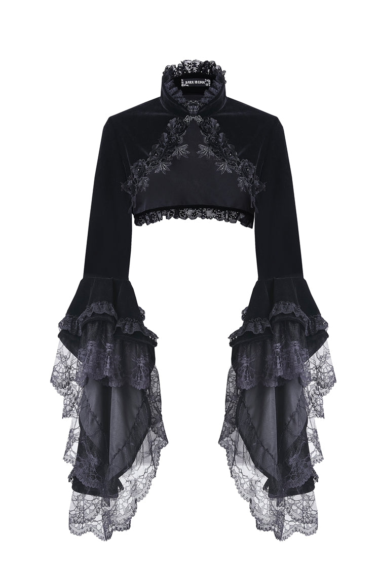 Multi-Layered Long Trumpet Sleeve Rosette Velour Gothic Bolero for Women Lace