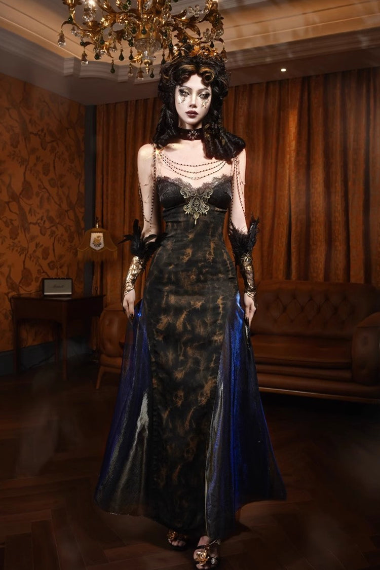 Black Gilded European V-Neck Sleeveless Print Lace Ruffle Slim Gothic JSK Dress