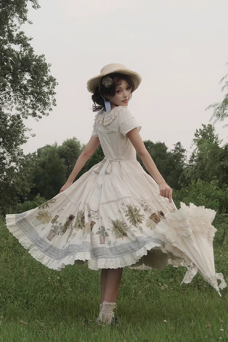 Ivory Potted Plant Short Sleeves Print Ruffle Sweet Lolita Dress