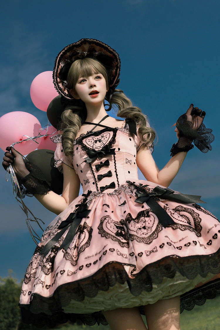 Pink Square Neck Short Sleeve Embroidered Bow Sweet Dress with Bow Train - Sugar Bear