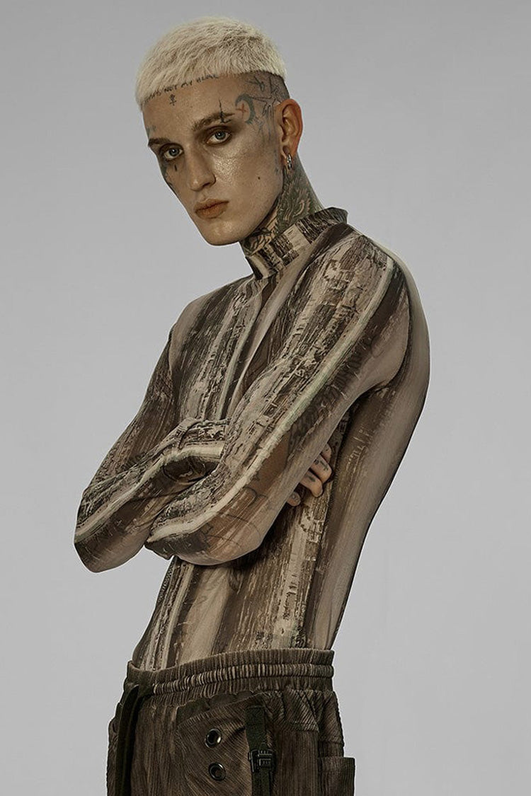 Black/Yellow Punk High Collar Tech Sense Printing Elastic Tight Long Sleeves Men's Shirt