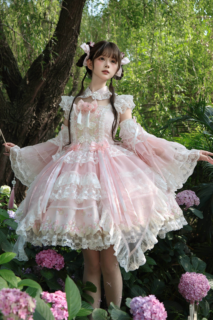 Spring Entwined with Cherry Clouds Short Sleeves Embroidered Bow Lace Sweet Chinese Style Lolita Dress - Pink