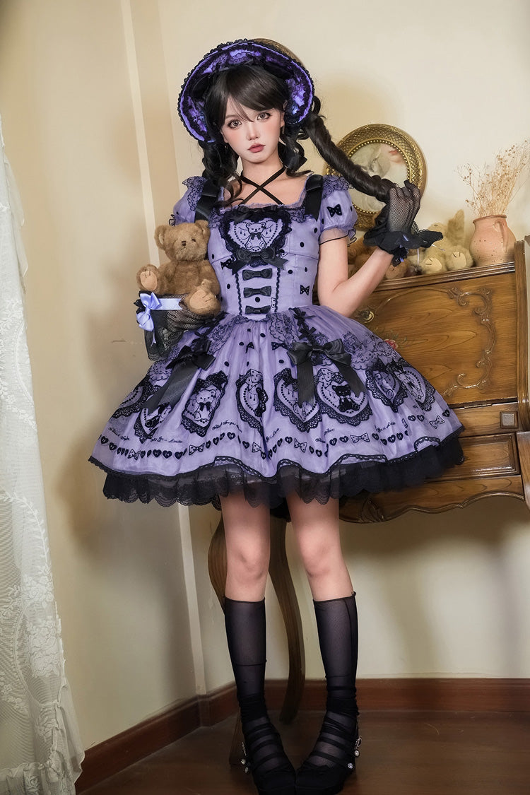 Purple Square Neck Short Sleeve Embroidered Bow Sweet Dress with Bow Train - Sugar Bear