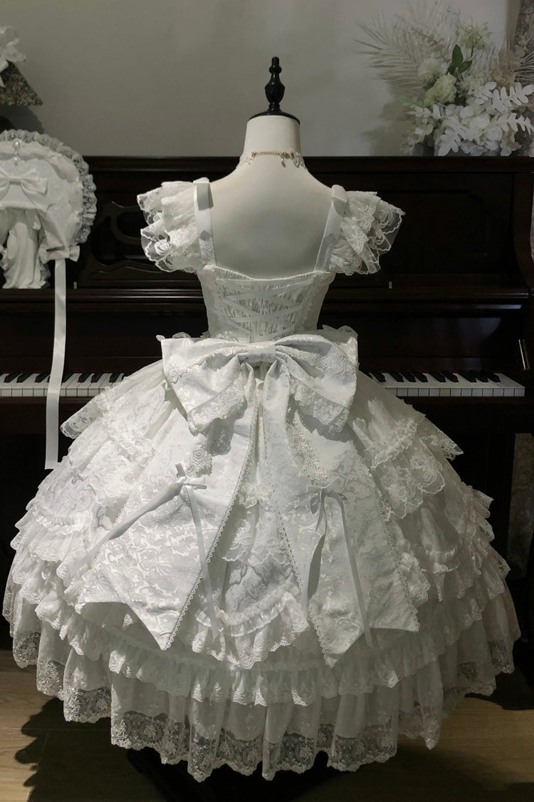 Ivory Square Collar Sleeveless Multi Bridal Embroidered Bow Lace JSK