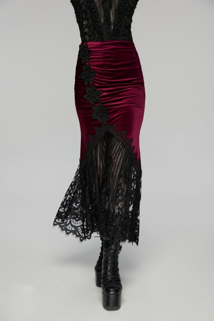 Crimson & Noir Embroidered Lace Fishtail Velvet Skirt with Slim Fit