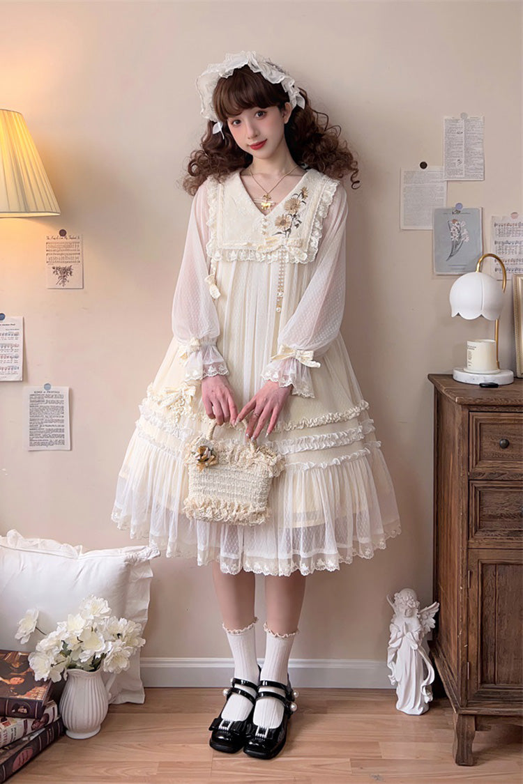 Ivory Sweet Princess Lolita Dress with Lace Embroidery Ruffled Bowknot - Sunflower Diary