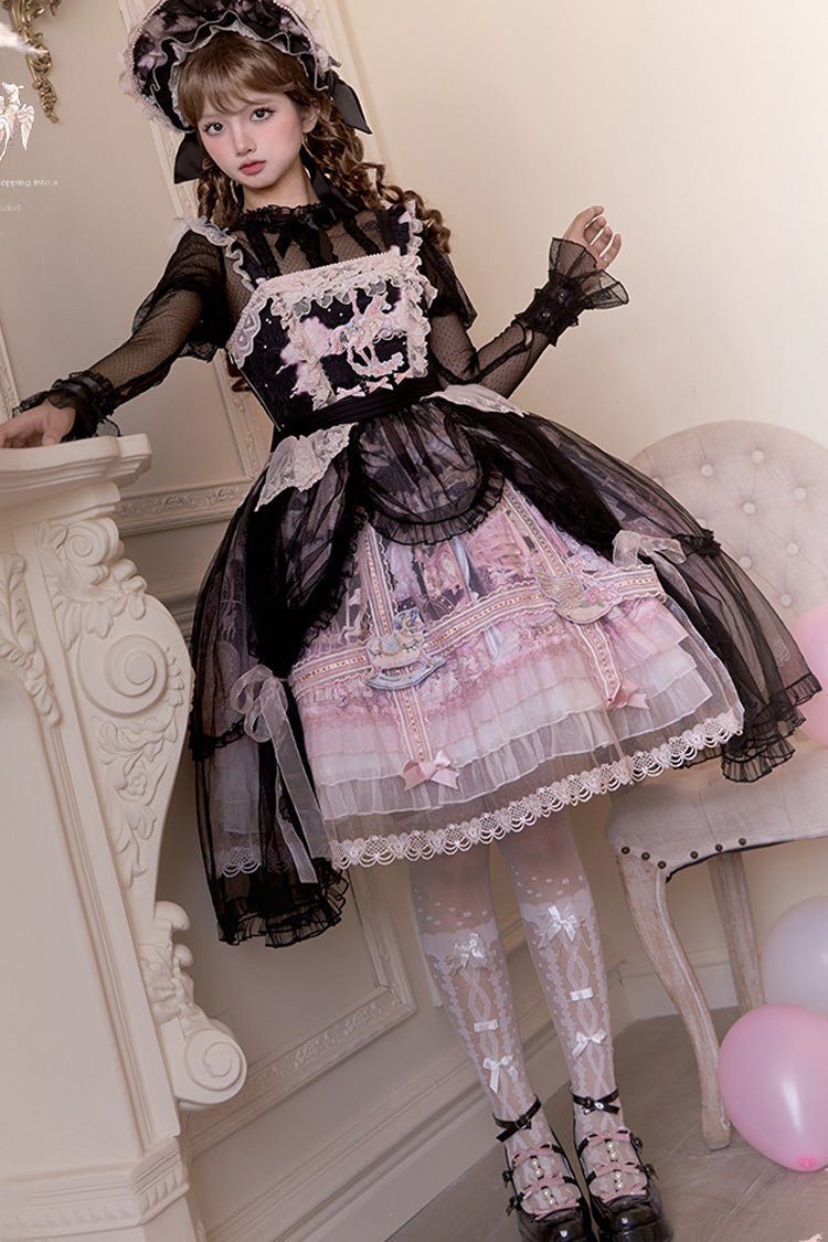 Black Pink Multi Print Ruffle Bow Lace Sweet Gorgeous Lolita Jsk Dress