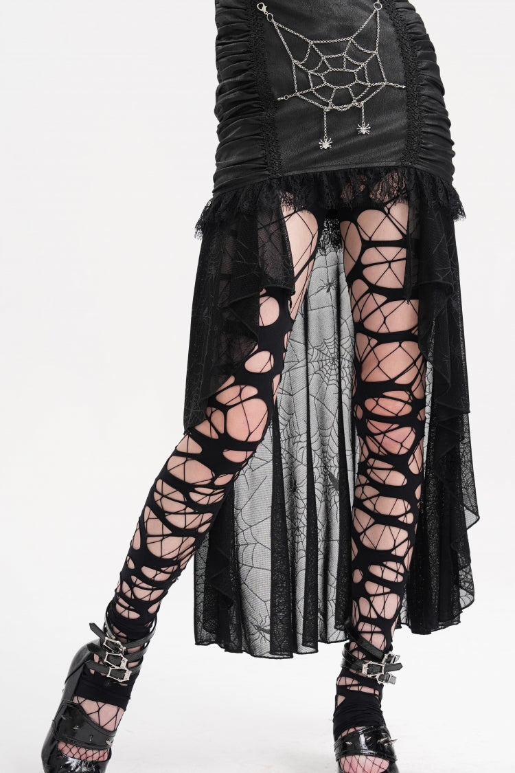 Gothic Skirt with Irregular Hem Lace Chain and Mesh