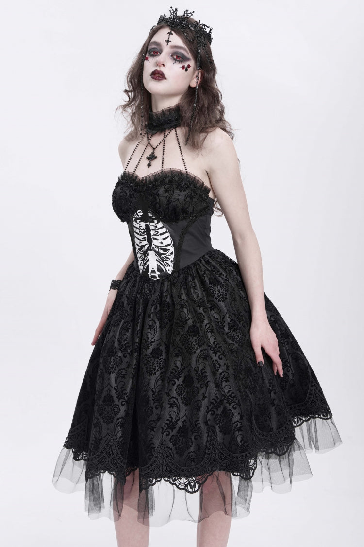 Unique Black Skeleton Print Embroidered Lace Stitching Halter Gothic Gown