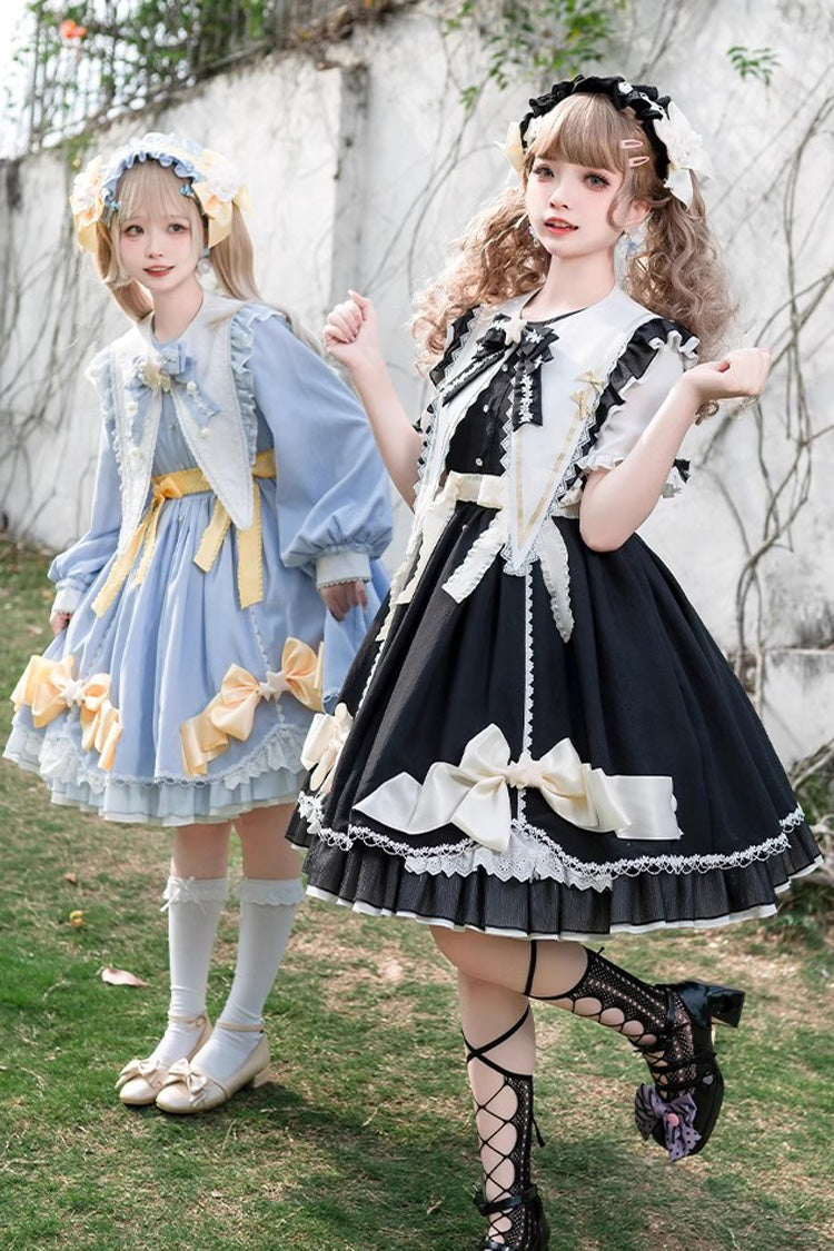 Azure Sleeping-Star Long-Sleeve Sweet Dress with Lace Stitching