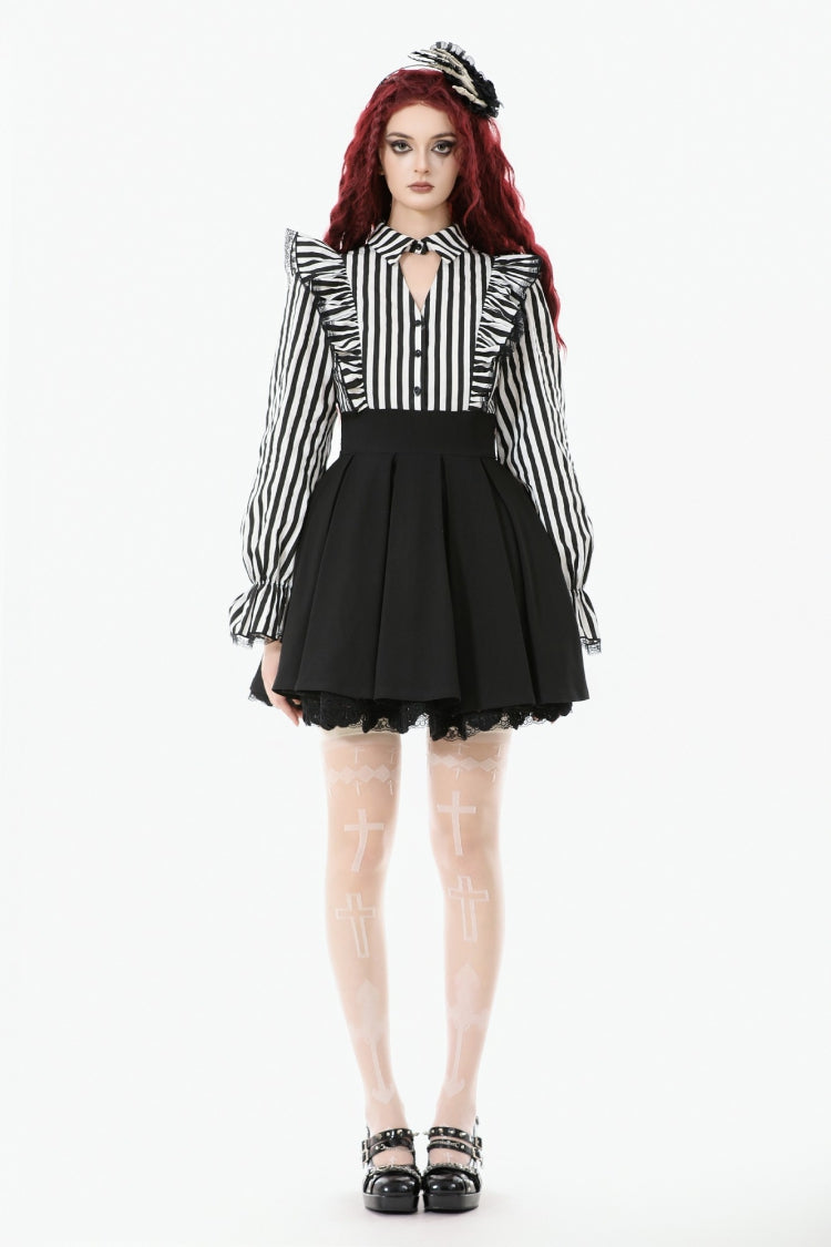 Striped Lapel Collar Long Sleeves Moon Lace Bow Ruffled Pleated Gothic Dress