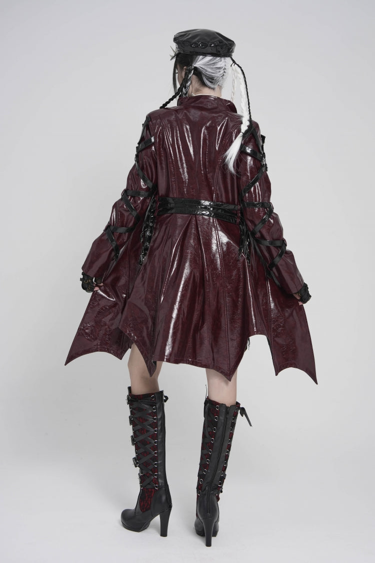 Crimson Lapel Lace-Up Irregular Eyelets Punk Coat
