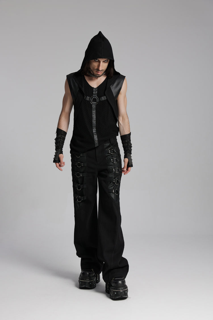 Hooded Eyelet Punk Sleeveless Vest with V-Neck
