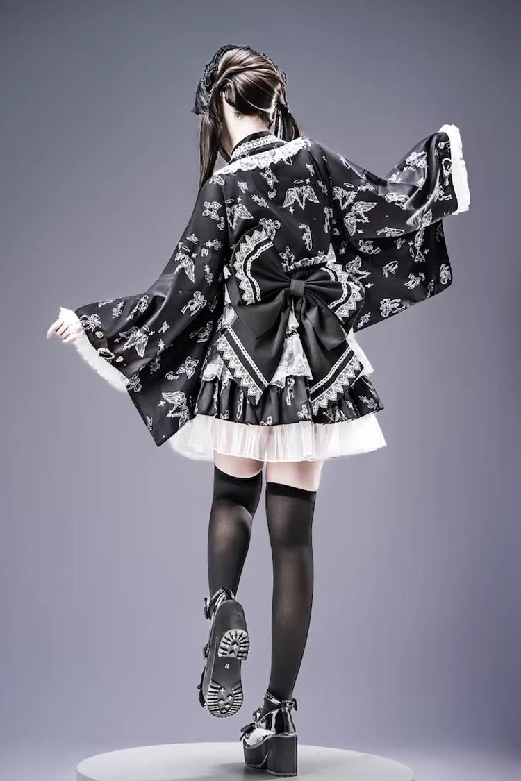Studded Ruffled Lace Print Gothic Jirai Top and Skirt Set in Three Shades