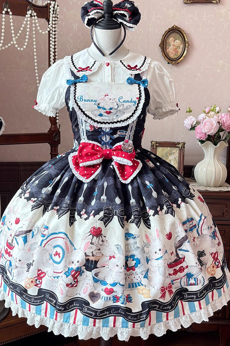 Sleeveless Print Ruffle Bowknot Lace Sweet Lolita Jsk Dress Black