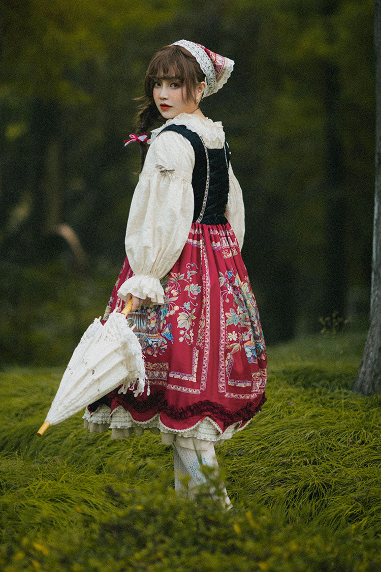 Wine Red Velvet Classic Lolita JSK Dress with Berries and Birds Print Ruffle Bowknot