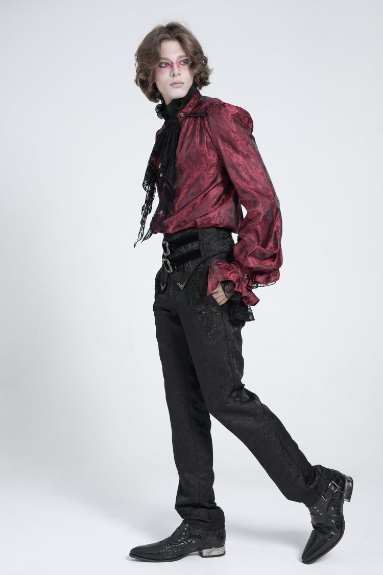Crimson Puff Sleeve Men's Gothic Shirt with Lace Tie