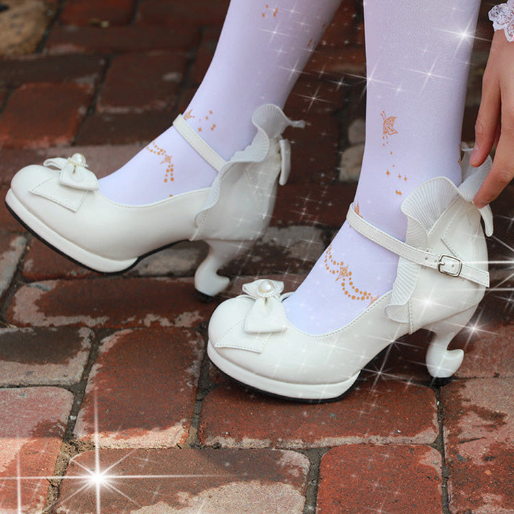 Ribbon-Strap Ruffle PU Girly Lolita Pumps - Multiple Shades