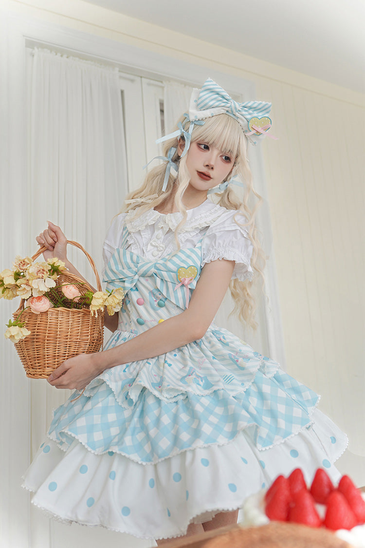 Sleeveless Triple-Layer Print Bow Sweet Lolita Jumper Dress - Blue