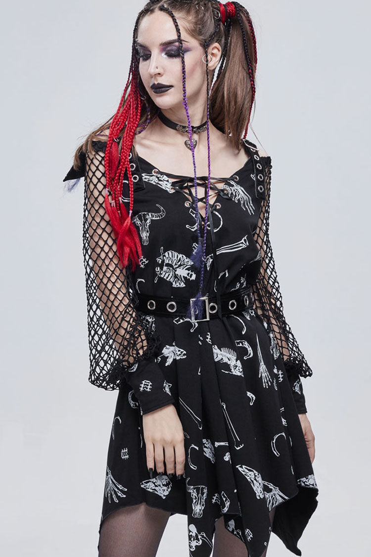 Knit Bone Print Sling Grommet Strap Long Sleeve Gothic Dress