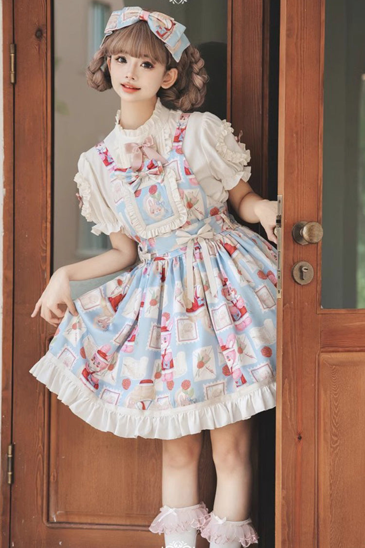 Light Blue Rabbit Letter Printed Ruffled Bow Sweet Princess Lolita Strap Dress