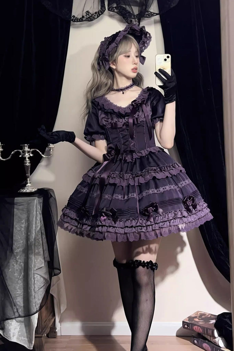 Violet Layered Blackcurrant Short Sleeve Ruffled Bow Lace Lolita Dress