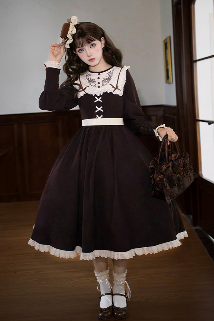 Brown Ruffled Bouquet Embroidered Sweet Lolita Dress - Miss Brown