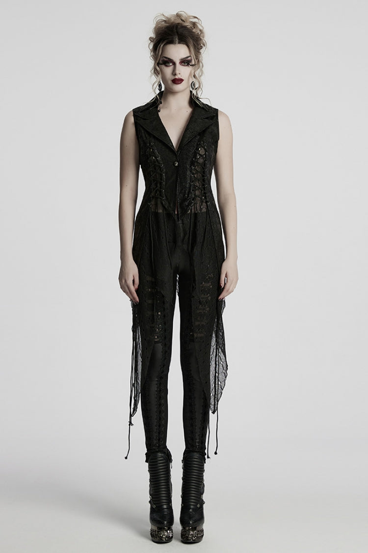 Nocturnal Lace-Up Mesh Sleeveless Gothic Waistcoat with V-Neck
