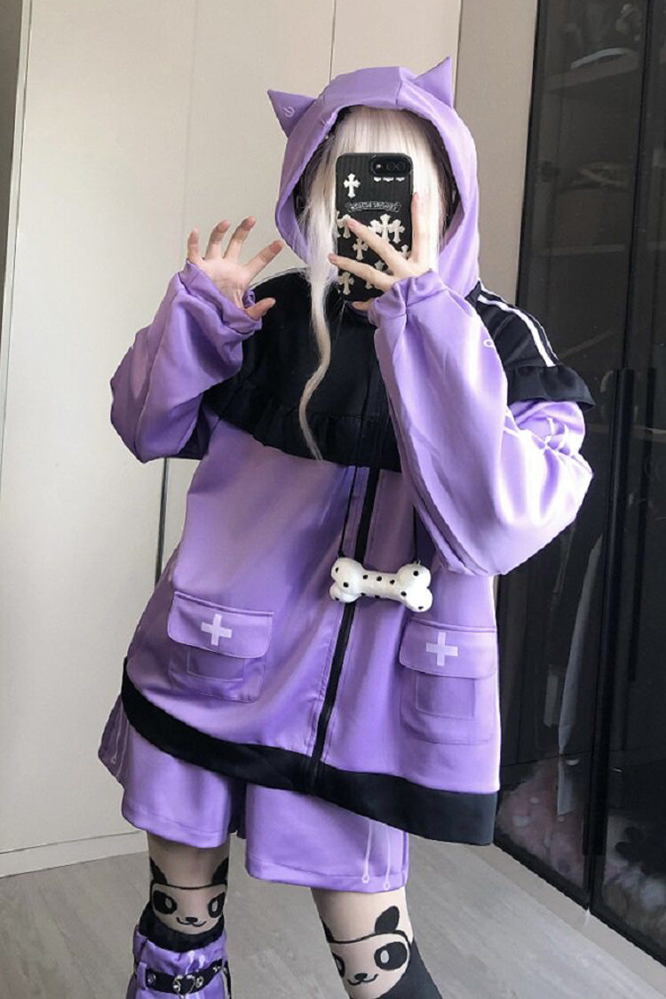 Orchid Cat-Ear Hooded Jirai Kei Shorts Jacket Set