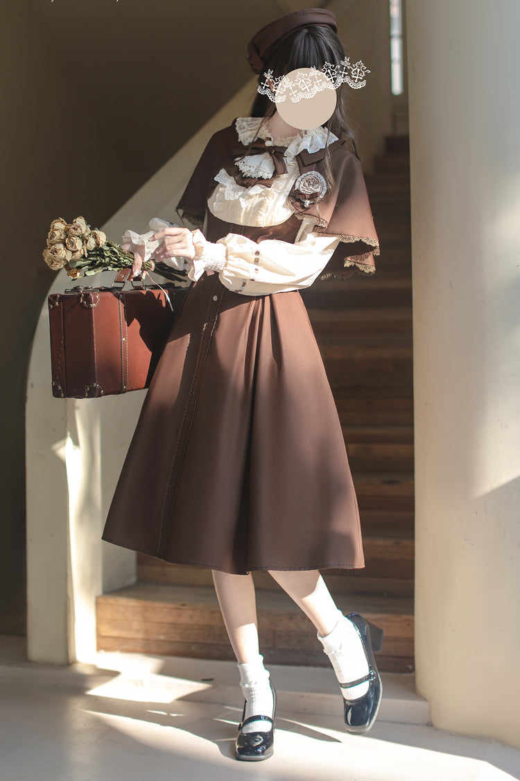 Fake Two Piece Vintage Ruffle Bowknot Lolita Dress Brown White