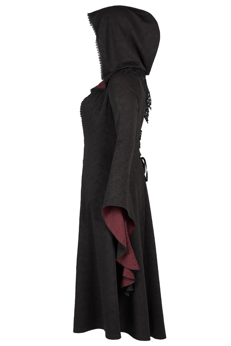 Crimson & Noir Knitted Witch Rose Patterned Gothic Overcoat with Oversized Hood