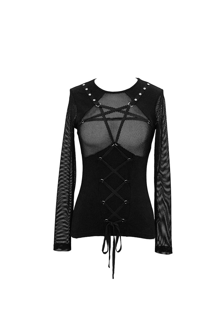 Punk T-Shirt with Pentagram Lace-Up Mesh Chest Perspective