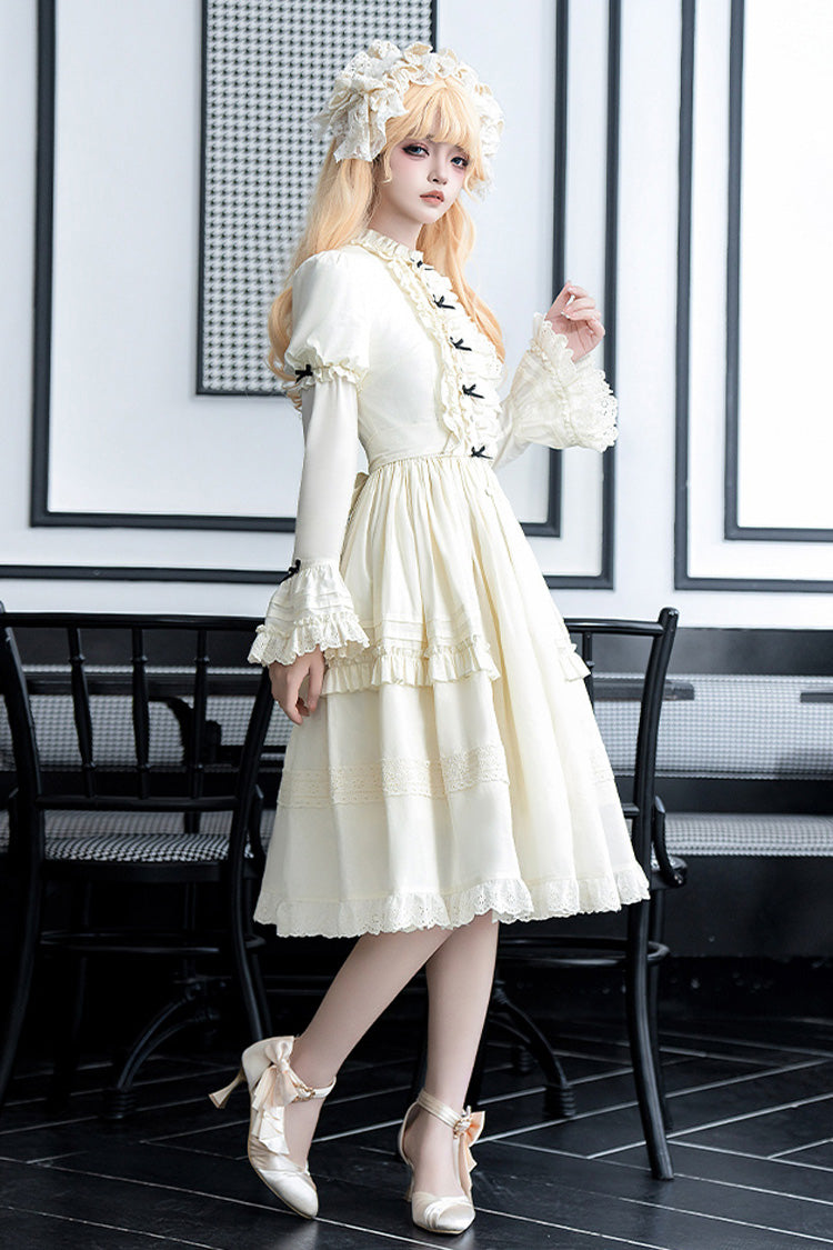 Cream Birch Appointment Stand Collar Long Puff Sleeve Frilled Bow Sweet Lolita Dress